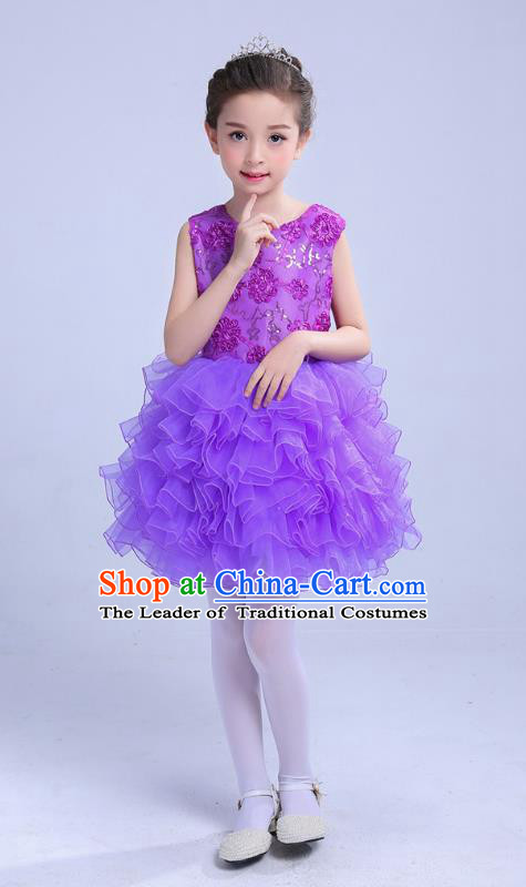 Top Grade Chinese Compere Professional Performance Catwalks Costume, Children Princess Bubble Purple Full Dress Modern Dance Dress for Girls Kids