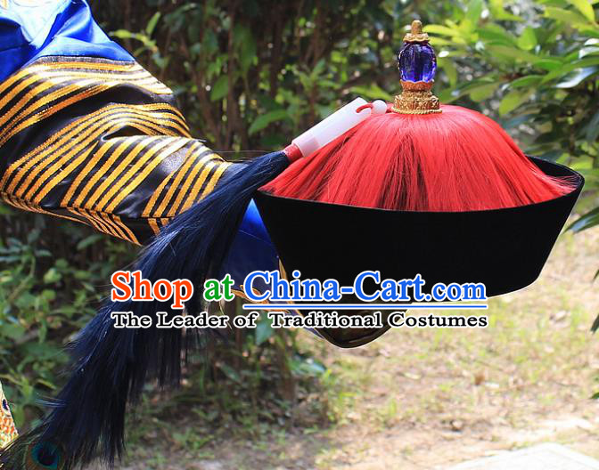 Traditional China Beijing Opera Officer Minister Hat, Ancient Chinese Peking Opera Qing Dynasty Manchu Eunuch Headwear