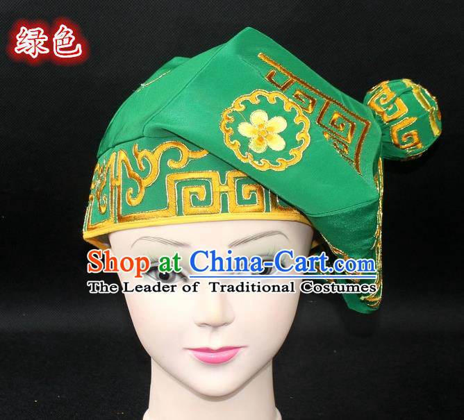 Traditional China Beijing Opera Takefu Hat, Ancient Chinese Peking Opera Martial Arts Men Headwear Embroidery Green Kerchief