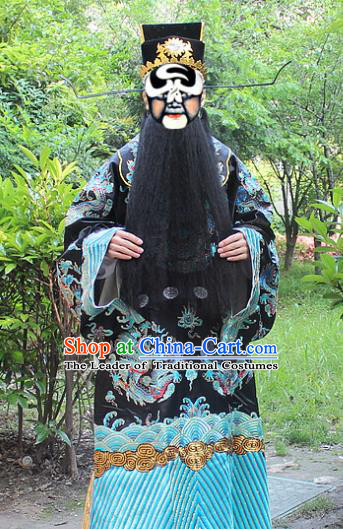 Traditional China Beijing Opera Costume Prime Minister Bao Zheng Embroidered Robe and Headwear Complete Set, Ancient Chinese Peking Opera Embroidery Dragon Gwanbok Clothing