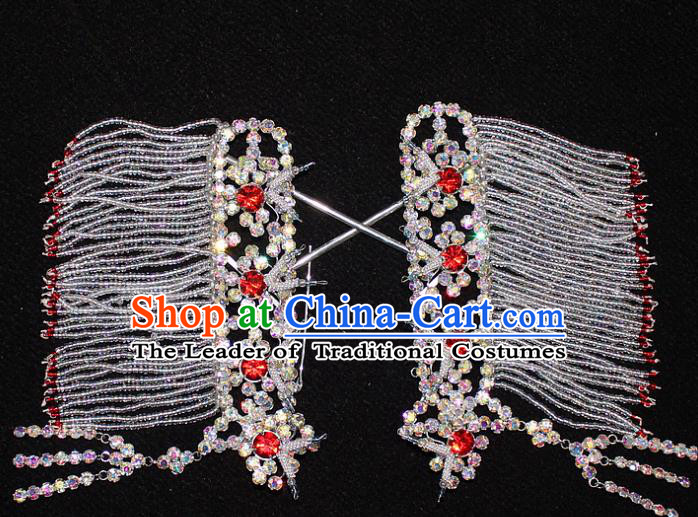 Traditional China Beijing Opera Young Lady Hair Accessories Temples Tassel Step Shake, Ancient Chinese Peking Opera Hua Tan Headwear Diva Red Crystal Empress Hairpins