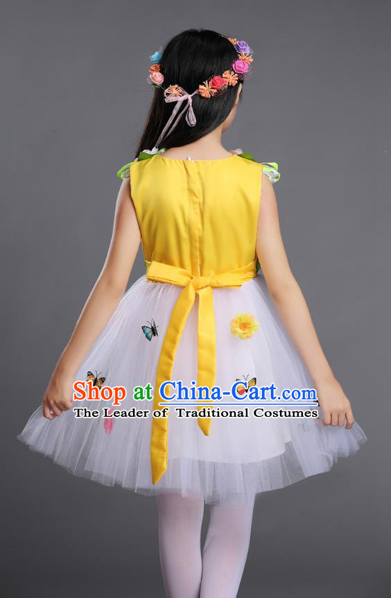Top Grade Chinese Compere Professional Performance Catwalks Costume, Children Princess Bubble Veil Full Dress Modern Dance Yellow Dress for Girls Kids