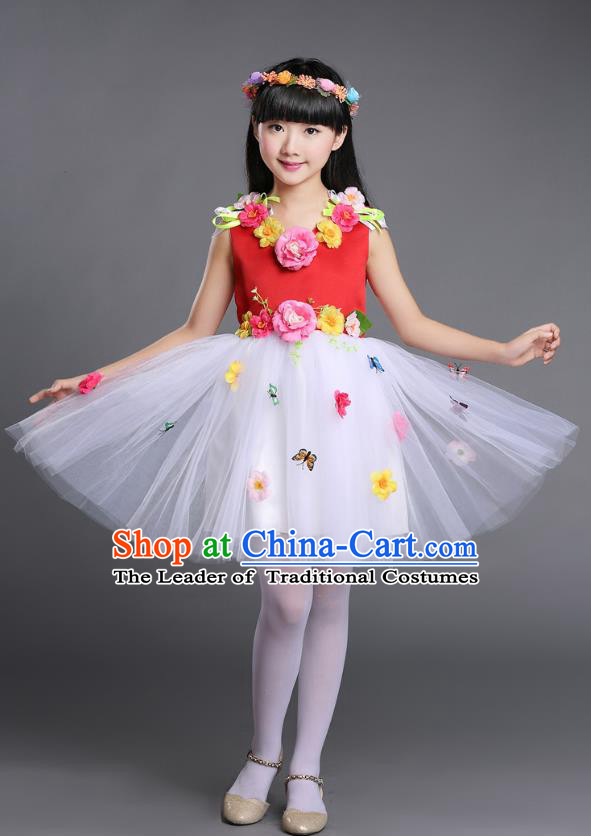 Top Grade Chinese Compere Professional Performance Catwalks Costume, Children Princess Bubble Veil Full Dress Modern Dance Red Dress for Girls Kids