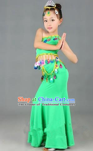 Traditional Chinese Dai Nationality Peacock Dance Costume, Folk Dance Ethnic Costume, Chinese Minority Nationality Dance Green Dress for Kids