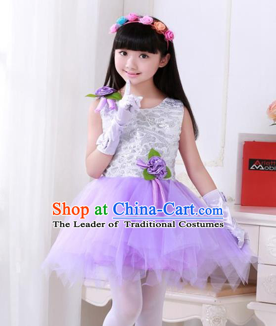 Top Grade Chinese Compere Professional Performance Catwalks Costume, Children Princess Purple Veil Bubble Full Dress Modern Dance Dress for Girls Kids