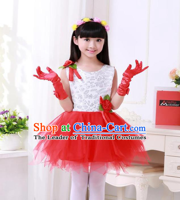 Top Grade Chinese Compere Professional Performance Catwalks Costume, Children Princess Red Veil Bubble Full Dress Modern Dance Dress for Girls Kids