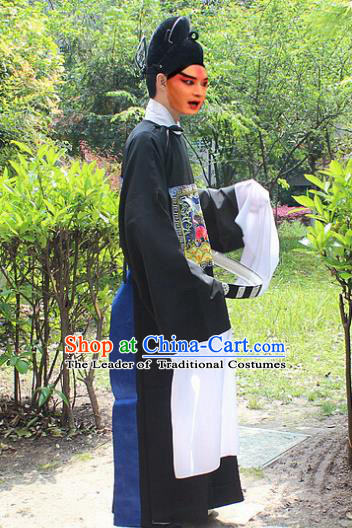 Traditional China Beijing Opera Niche Costume Lang Scholar Black Embroidered Robe and Headwear, Ancient Chinese Peking Opera Embroidery Magistrate Gwanbok Clothing
