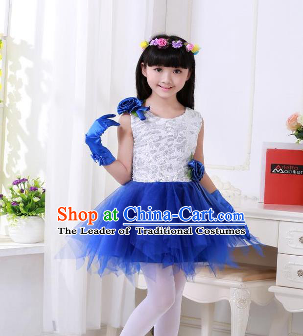 Top Grade Chinese Compere Professional Performance Catwalks Costume, Children Princess Blue Veil Bubble Full Dress Modern Dance Dress for Girls Kids
