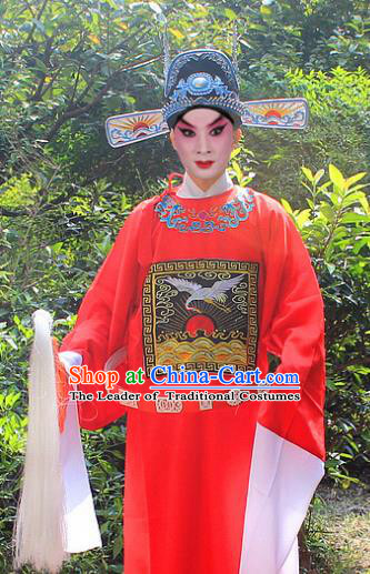 Traditional China Beijing Opera Niche Costume Lang Scholar Embroidered Robe and Headwear, Ancient Chinese Peking Opera Embroidery Magistrate Red Gwanbok Clothing