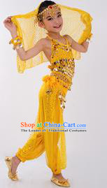 Traditional Indian Classical Dance Belly Dance Costume, India China Uyghur Nationality Dance Clothing Yellow Paillette Uniform for Kids