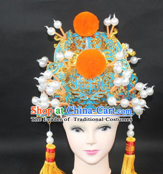 Traditional China Beijing Opera Young Men Hair Accessories Emperor Hat, Ancient Chinese Peking Opera King Official Hat Headwear
