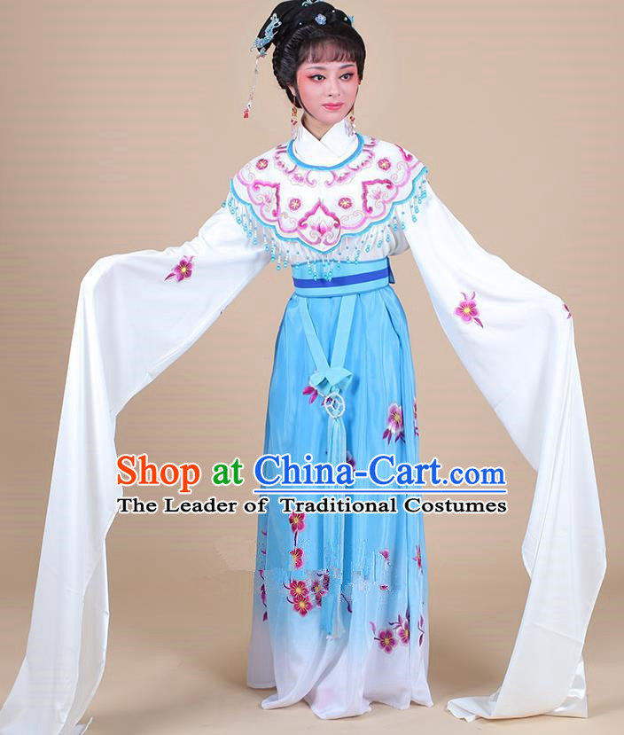 Traditional China Beijing Opera Young Lady Hua Tan Costume Female Water Sleeve Dance Blue Clothing, Ancient Chinese Peking Opera Diva Embroidery Plum Blossom Dress