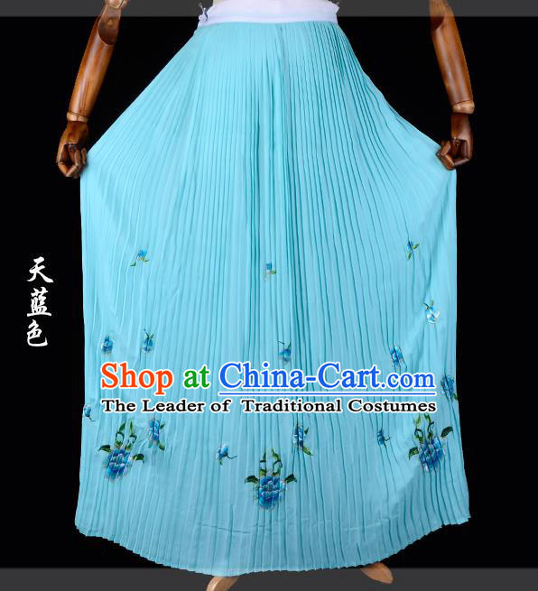 Traditional China Beijing Opera Young Lady Hua Tan Costume Female Embroidered Blue Pleated Skirt, Ancient Chinese Peking Opera Diva Embroidery Peony Dress Bust Skirt