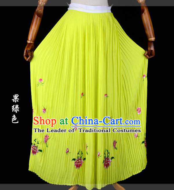 Traditional China Beijing Opera Young Lady Hua Tan Costume Female Embroidered Green Pleated Skirt, Ancient Chinese Peking Opera Diva Embroidery Peony Dress Bust Skirt