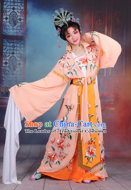 Traditional China Beijing Opera Young Lady Hua Tan Costume Imperial Concubine Orange Embroidered Cape, Ancient Chinese Peking Opera Diva Embroidery Peony Dress Clothing