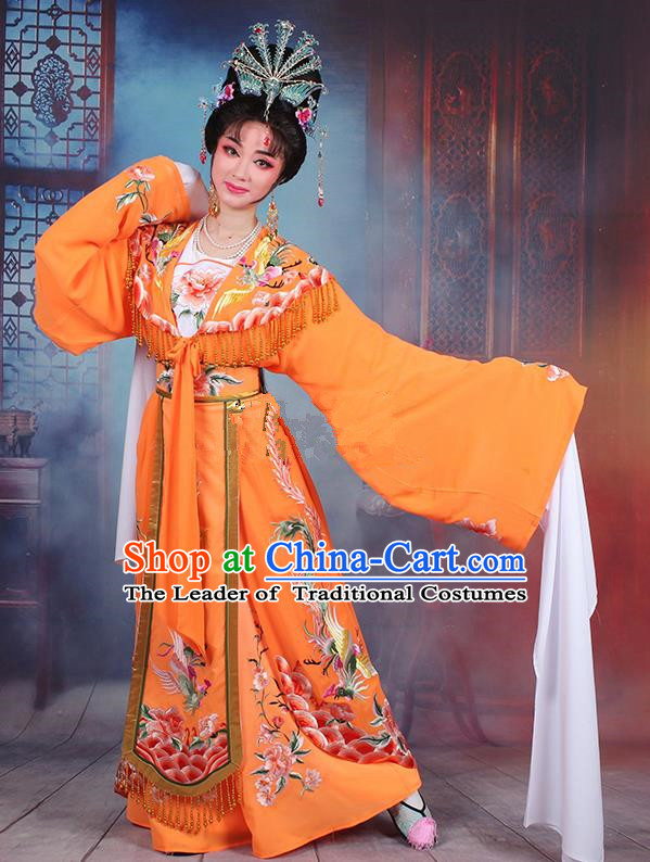 Traditional China Beijing Opera Young Lady Hua Tan Costume Diva Orange Embroidered Cape, Ancient Chinese Peking Opera Imperial Concubine Embroidery Dress Clothing