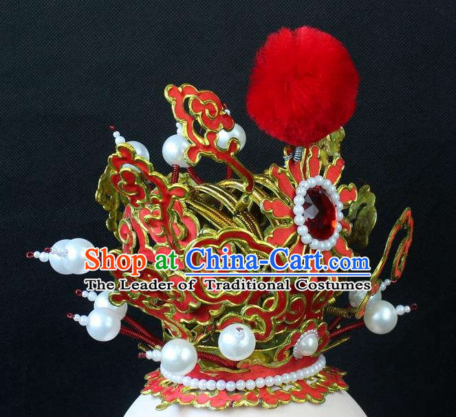 Traditional China Beijing Opera Lang Scholar Niche Sun Wukong Red Tuinga, Ancient Chinese Peking Opera Crown Prince Headwear