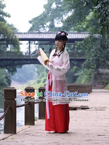 Traditional Chinese Song Dynasty Young Lady Costume Blouse and Pants, China Ancient Hanfu Dress Palace Princess Embroidery Clothing for Women