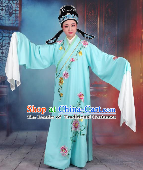 Traditional China Beijing Opera Niche Costume Gifted Scholar Blue Embroidered Robe and Hat, Ancient Chinese Peking Opera Young Men Embroidery Peony Clothing