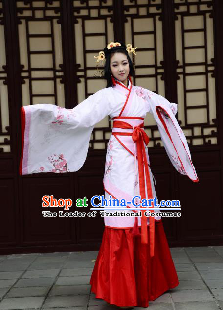 Traditional Chinese Han Dynasty Imperial Princess Curve Bottom Costume, China Ancient Hanfu Dress Palace Lady Hand Painting Plum Blossom Clothing for Women