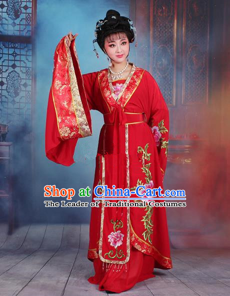 Traditional China Beijing Opera Young Lady Hua Tan Costume Red Embroidered Dress, Ancient Chinese Peking Opera Diva Senior Concubine Embroidery Peony Clothing