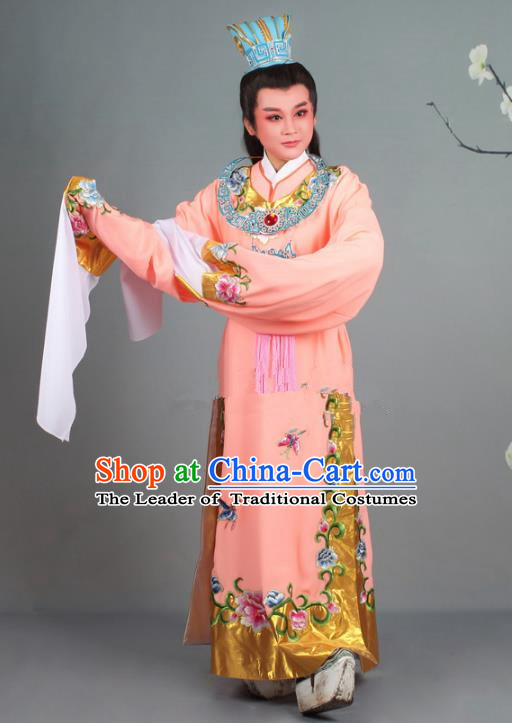 Traditional China Beijing Opera Niche Costume Gifted Scholar Jia Baoyu Pink Embroidered Robe and Hat, Ancient Chinese Peking Opera Young Men Embroidery Peony Clothing