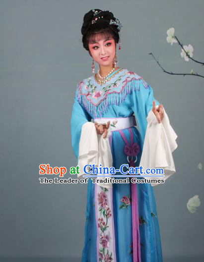 Top Grade Professional Beijing Opera Palace Lady Costume Hua Tan Blue Embroidered Dress, Traditional Ancient Chinese Peking Opera Diva Embroidery Peony Clothing