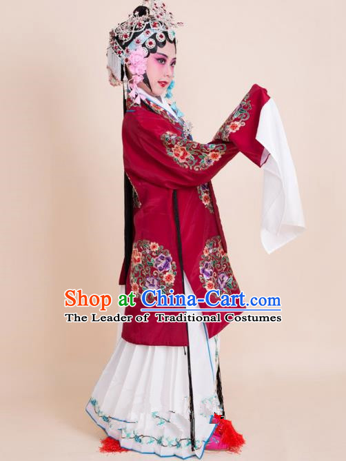Top Grade Professional China Beijing Opera Costume Amaranth Embroidered Cape, Ancient Chinese Peking Opera Diva Hua Tan Embroidery Peony Dress Clothing for Kids