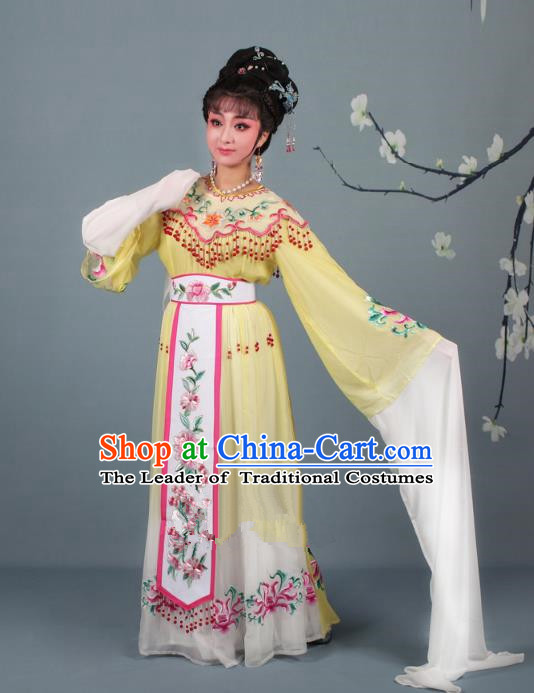 Top Grade Professional Beijing Opera Diva Costume Palace Lady Yellow Embroidered Dress, Traditional Ancient Chinese Peking Opera Princess Embroidery Peony Clothing
