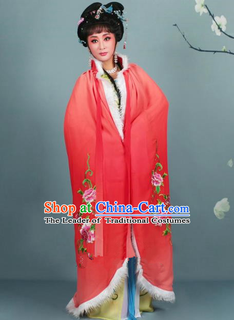 Top Grade Professional Beijing Opera Diva Costume Red Embroidered Cloak, Traditional Ancient Chinese Peking Opera Hua Tan Princess Embroidery Mantle