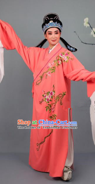 Top Grade Professional Beijing Opera Niche Costume Gifted Scholar Orange Embroidered Robe and Headwear, Traditional Ancient Chinese Peking Opera Embroidery Roses Clothing