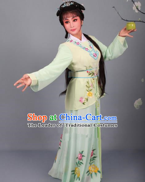 Top Grade Professional Beijing Opera Young Lady Costume Green Embroidered Dress, Traditional Ancient Chinese Peking Opera Maidservants Embroidery Clothing