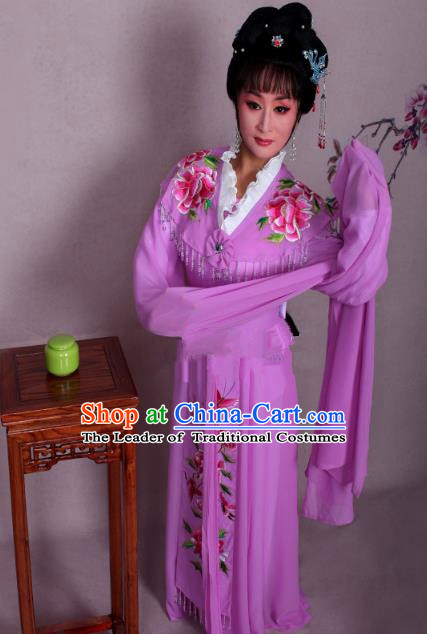 Top Grade Professional Beijing Opera Hua Tan Costume Palace Lady Purple Embroidered Peony Dress, Traditional Ancient Chinese Peking Opera Diva Princess Embroidery Clothing