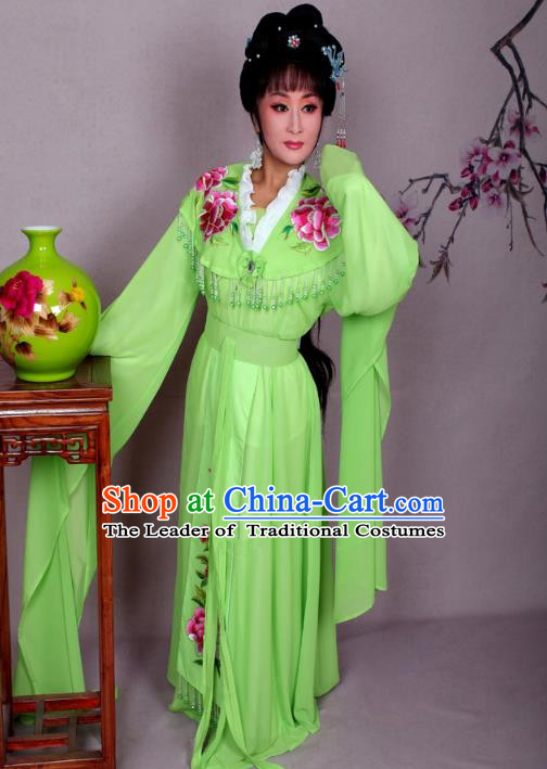 Top Grade Professional Beijing Opera Hua Tan Costume Palace Lady Green Embroidered Peony Dress, Traditional Ancient Chinese Peking Opera Diva Princess Embroidery Clothing