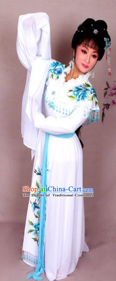Top Grade Professional Beijing Opera Hua Tan Costume Palace Lady White Embroidered Peony Dress, Traditional Ancient Chinese Peking Opera Diva Princess Embroidery Clothing