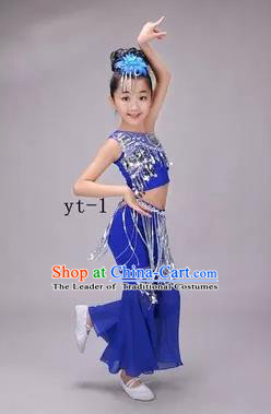 Traditional Chinese Dai Nationality Peacock Dance Costume, Children Folk Dance Ethnic Costume, Chinese Minority Nationality Dance Royalblue Dress for Kids