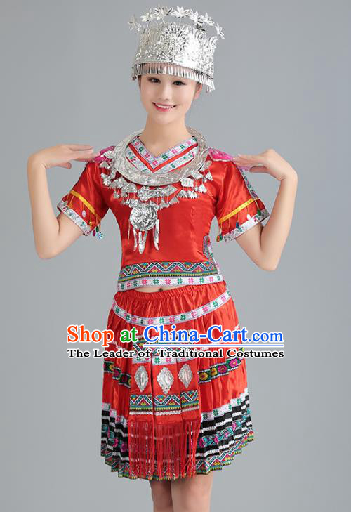 Traditional Chinese Miao Nationality Dance Costume, Hmong Female Folk Dance Ethnic Red Pleated Skirt, Chinese Minority Nationality Embroidery Clothing for Women