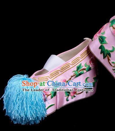 Top Grade Professional Beijing Opera Hua Tan Embroidered Pink Shoes, Traditional Ancient Chinese Peking Opera Diva Princess Blood Stained Shoes