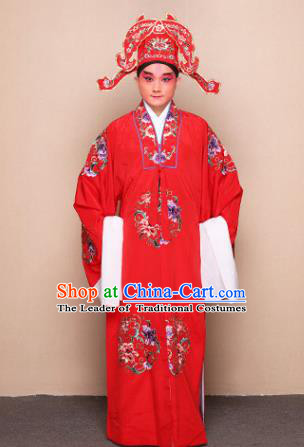Top Grade Professional Beijing Opera Niche Costume Lang Scholar Red Embroidered Robe and Headwear, Traditional Ancient Chinese Peking Opera Groom Embroidery Clothing
