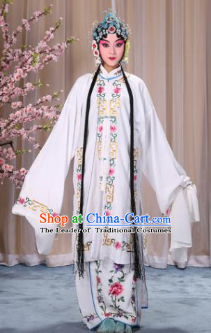Top Grade Professional Beijing Opera Diva Costume Palace Lady White Embroidered Cape, Traditional Ancient Chinese Peking Opera Princess Embroidery Dress Clothing