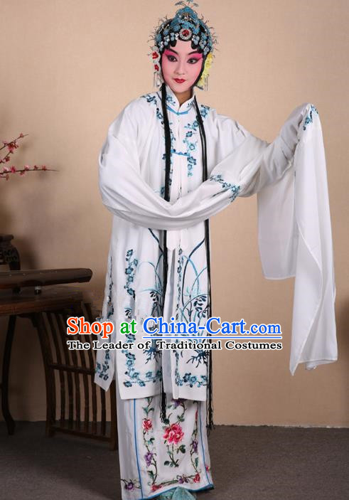 Top Grade Professional Beijing Opera Costume Hua Tan White Embroidered Orchid Cape, Traditional Ancient Chinese Peking Opera Diva Embroidery Dress Clothing