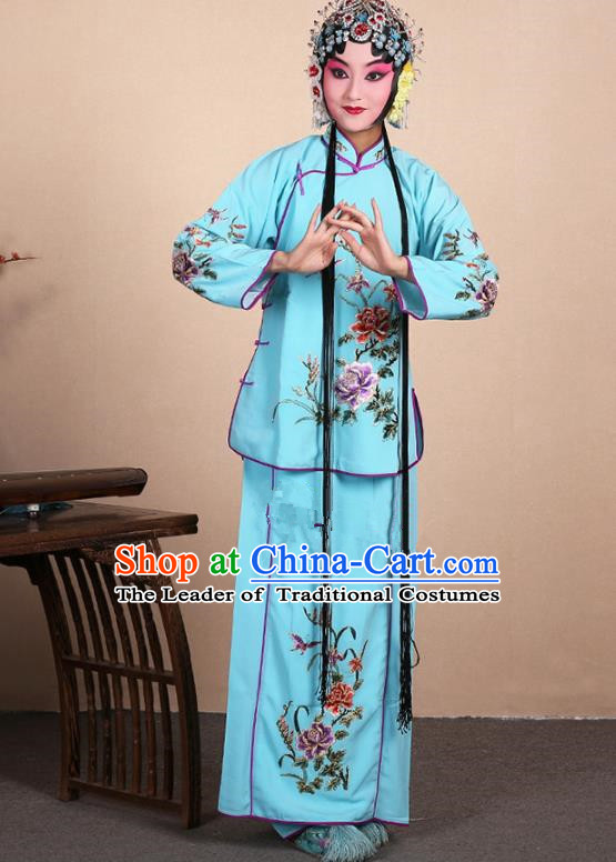 Top Grade Professional Beijing Opera Jordan-Sitting Costume Hua Tan Blue Embroidered Dress, Traditional Ancient Chinese Peking Opera Maidservants Embroidery Clothing