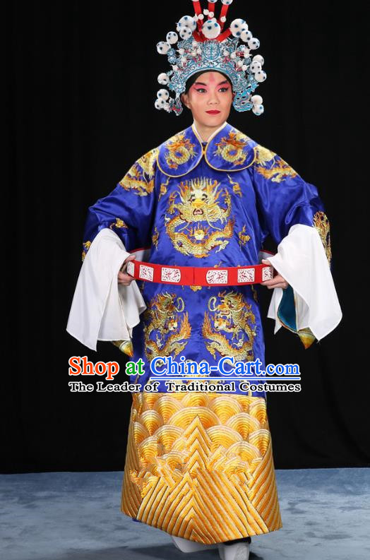 Top Grade Professional Beijing Opera Emperor Costume Royalblue Embroidered Robe and Shoes, Traditional Ancient Chinese Peking Opera Royal Highness Gwanbok Clothing