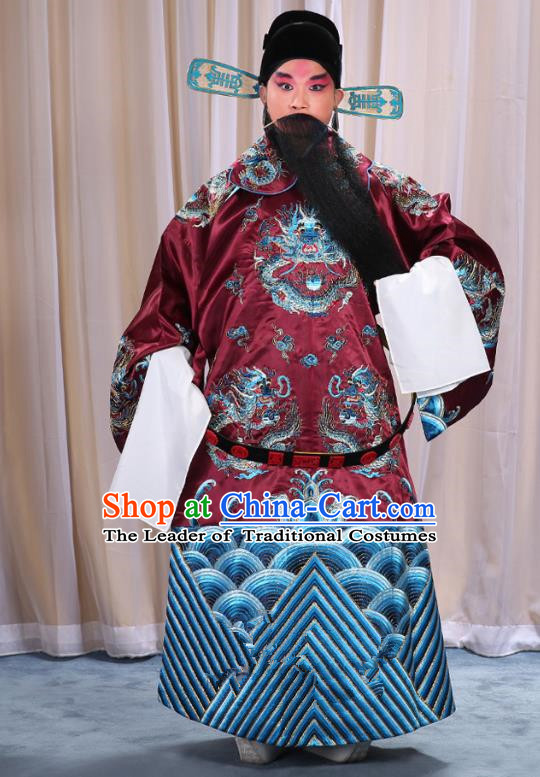 Top Grade Professional Beijing Opera Emperor Costume Amaranth Embroidered Robe and Shoes, Traditional Ancient Chinese Peking Opera Royal Highness Gwanbok Clothing