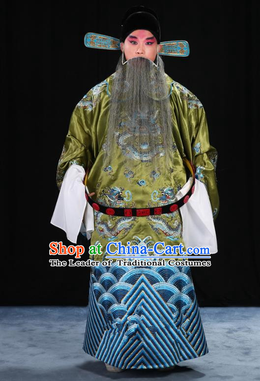 Top Grade Professional Beijing Opera Emperor Costume Green Embroidered Robe and Shoes, Traditional Ancient Chinese Peking Opera Royal Highness Gwanbok Clothing