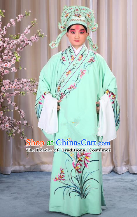 China Beijing Opera Niche Costume Young Men Green Embroidered Robe and Shoes, Traditional Ancient Chinese Peking Opera Scholar Embroidery Orchid Gwanbok Clothing