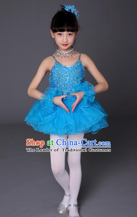 Top Grade Chinese Professional Performance Catwalks Costume, Children Ballet Dance Uniform Modern Swan Dance Blue Dress for Girls Kids