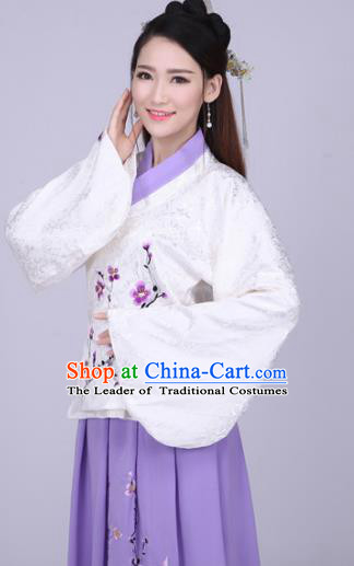 Traditional Ancient Chinese Ming Dynasty Imperial Princess Costume White Blouse and Purple Skirt, Elegant Hanfu Chinese Ancient Young Lady Embroidered Peach Blossom Clothing for Women
