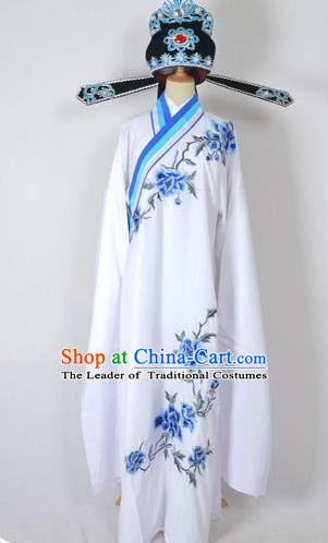 Traditional Chinese Professional Peking Opera Young Men Costume and Hat Complete Set, China Beijing Opera Shaoxing Opera Niche Lang Scholar Embroidery Peony White Long Robe Clothing