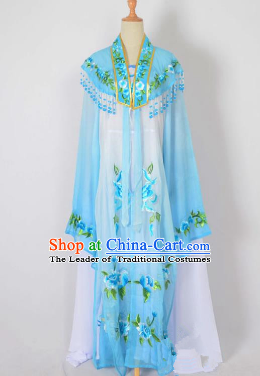 Traditional Chinese Professional Peking Opera Nobility Lady Water Sleeve Costume Embroidery Blue Shawl, China Beijing Opera Shaoxing Opera Royal Princess Dress Clothing
